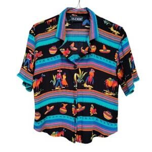 VINTAGE | Mexican Motif Theme Striped Boxy Button Up Crop Top Colorful Turquoise